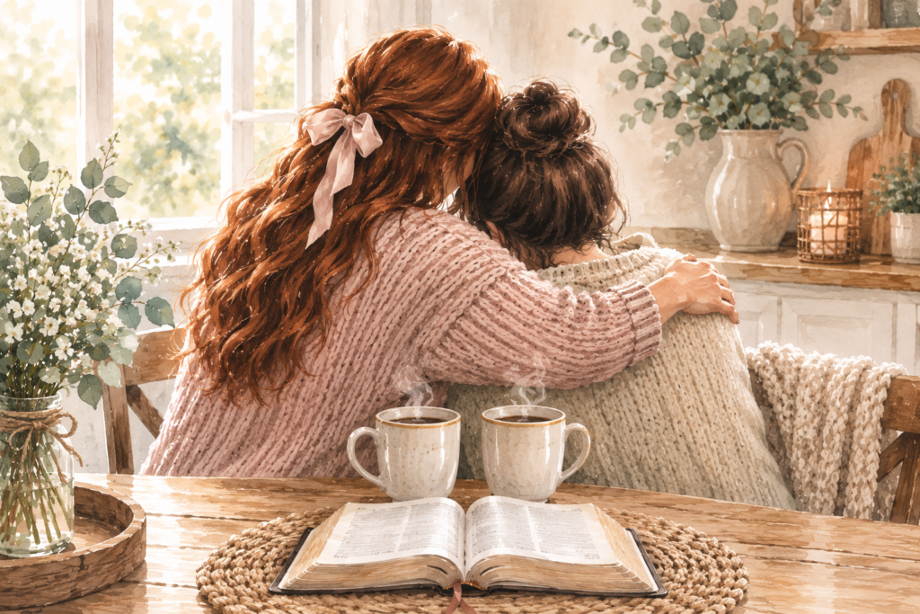 Two women sharing a comforting hug over coffee and an open Bible, representing Christian friendship and carrying one another's burdens.