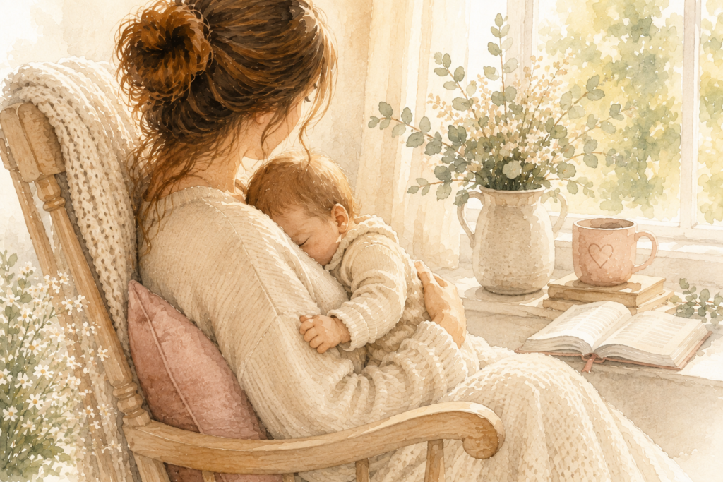 Watercolor illustration of a mother holding her sleeping baby, representing childlike faith and resting in God's care.