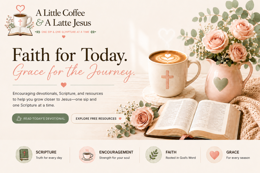 A Little Coffee & A Latte Jesus homepage featuring an open Bible, coffee, blush roses, and the message “Faith for Today. Grace for the Journey.”