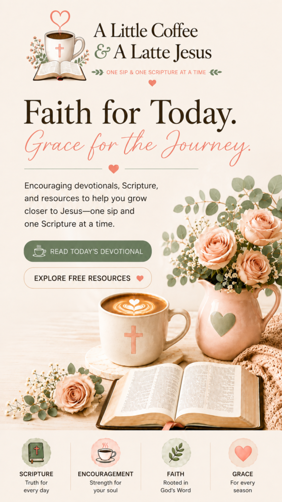 A Little Coffee & A Latte Jesus mobile homepage featuring an open Bible, coffee, blush roses, and the message “Faith for Today. Grace for the Journey.”