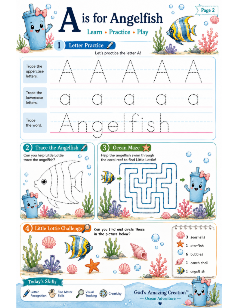 Preview of the A for Angelfish faith-based preschool activity printable